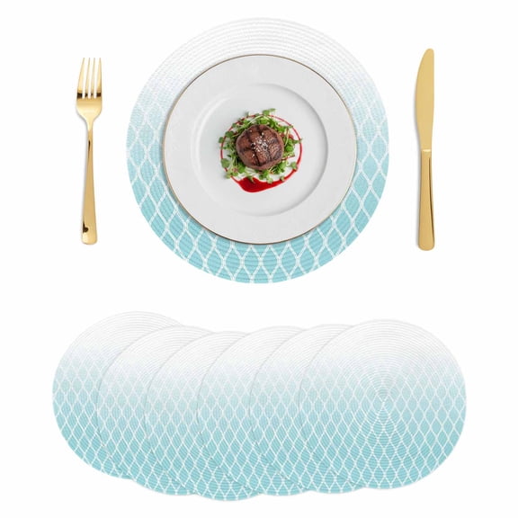 Aqua Ombre Stripe Round 15 Inch Placemats Set of 6, Modern Abstract Art Gradient Striped HeatResistant Non Slip Place Mats for Dining Table, Wipeable Braided Kitchen Table Mats for Housewarming