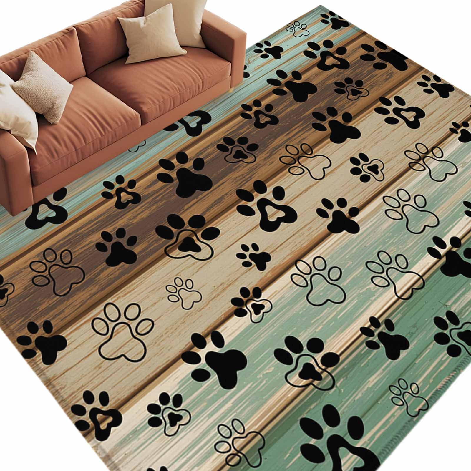 Area Rug for Living Room, Teal Brown Non-Slip Indoor Large Carpet for Bedroom/Dining Room, Pet Paw Printed Farmhouse Dog Claws Wood Grain Washable Low-Profile Rectangle Floor Runner Rugs - 5 x 8 Ft