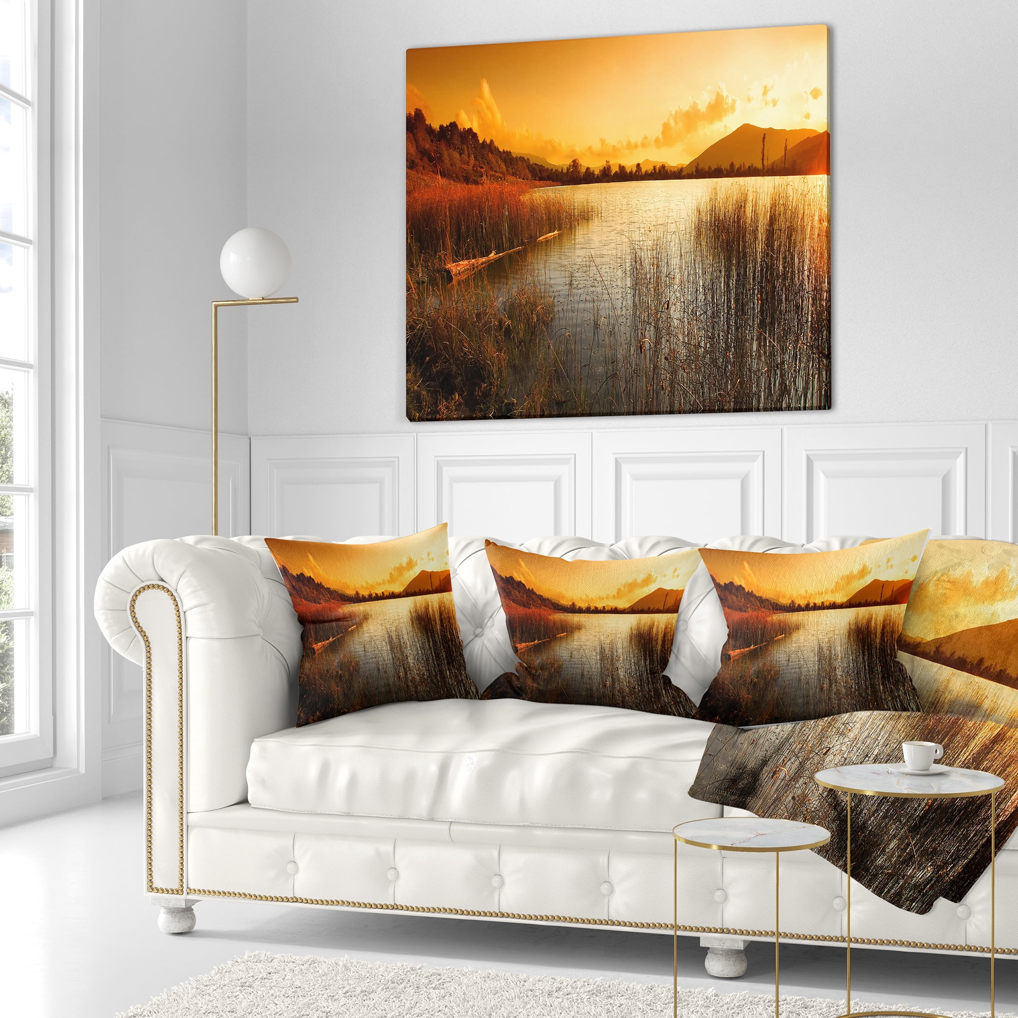 Designart Calm Evening with Lake and Mountains - Landscape Printed Throw Pillow - 16x16