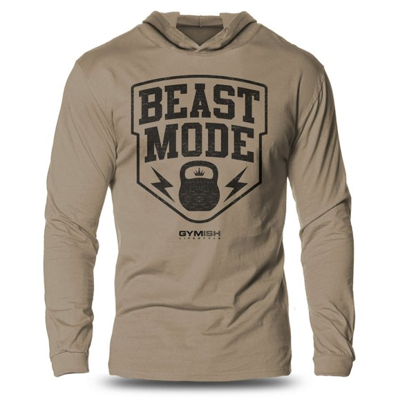 GYMISH Beast Mode Lightweight Long Sleeve Hooded T-Shirt for Men – Funny Gym Hoodie, Workout Apparel, Khaki, Small