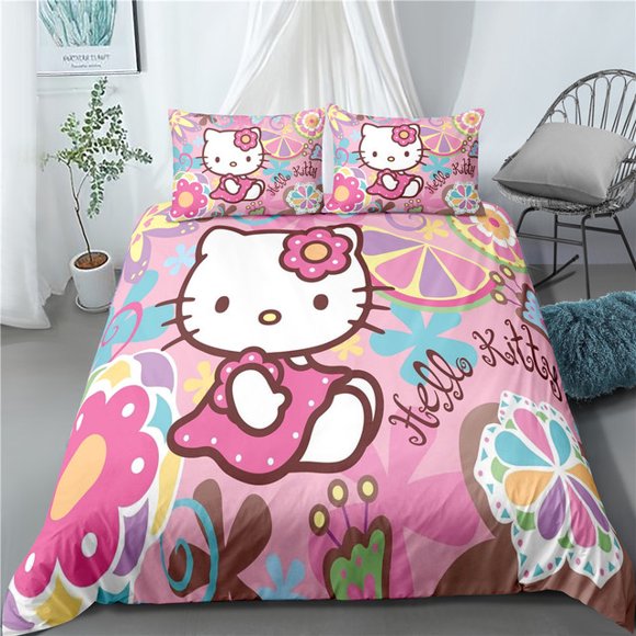 3pcs Hello Kitty Twin Bedding with fitted sheet Set Digital Printing Duvet Cover Set King Size Comforter Cute Bed Sets for Girl ZR beileda