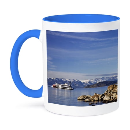3dRose, Nevada, Lake Tahoe. Paddleboat across the lake - US29 BJA0037 - Jaynes Gallery, 15oz Two-Tone Blue Mug