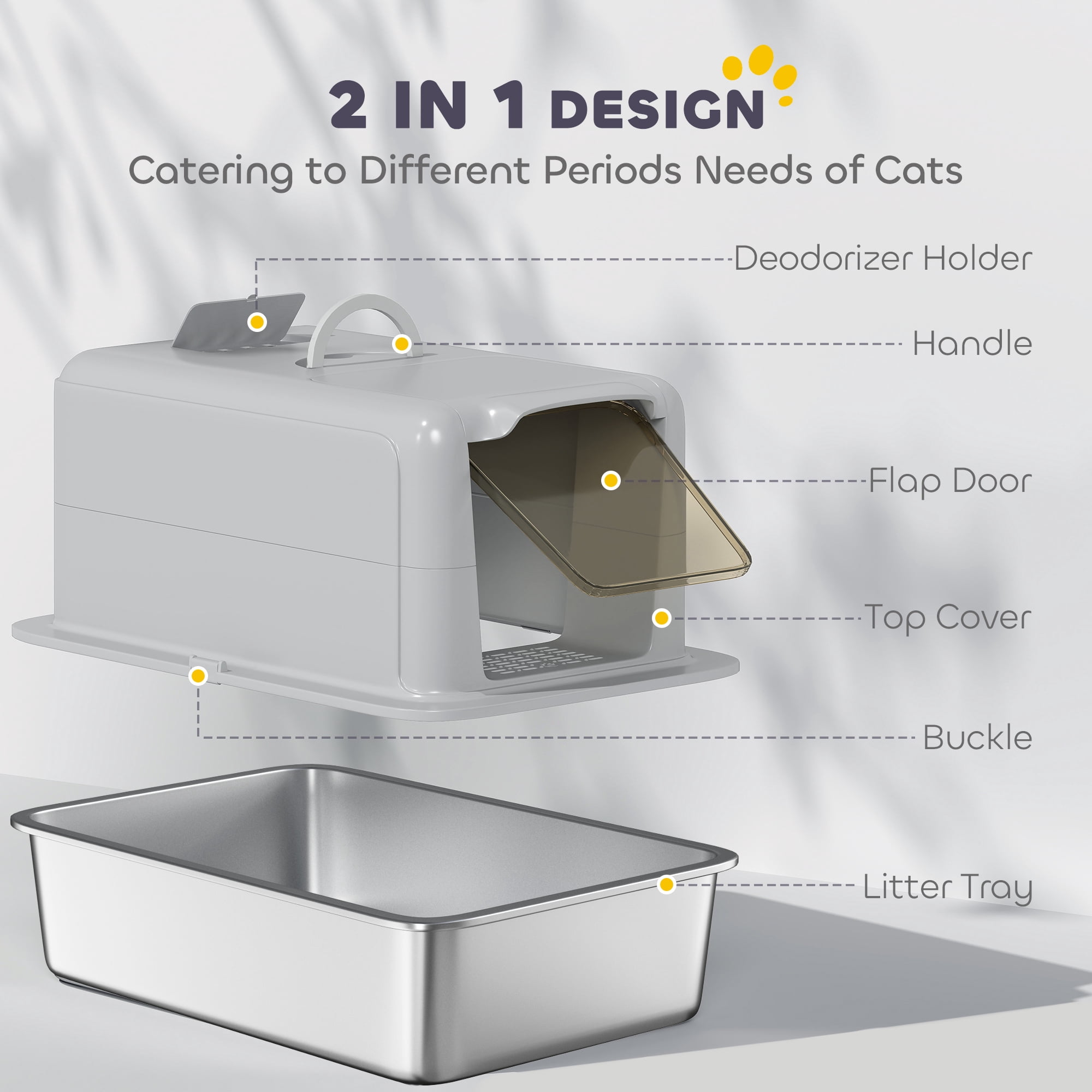 PawHut Stainless Steel Cat Litter Box, Extra Large 2 in 1 Kitty Litter Box with Removable Lid, Scoop, Filter Bags, for Small to Large Cats, Gray