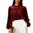thumbnail image 2 of Velvet Tops for Women with Lace Patchwork Elastic Cuffs Long Sleeve Crew Neck Babydoll Dressy Casual Blouses (2XL, Red), 2 of 7