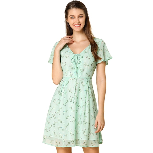 Vestido de Gasa con cuello En V y Manga con Volantes Florales Allegra K Verde claro S