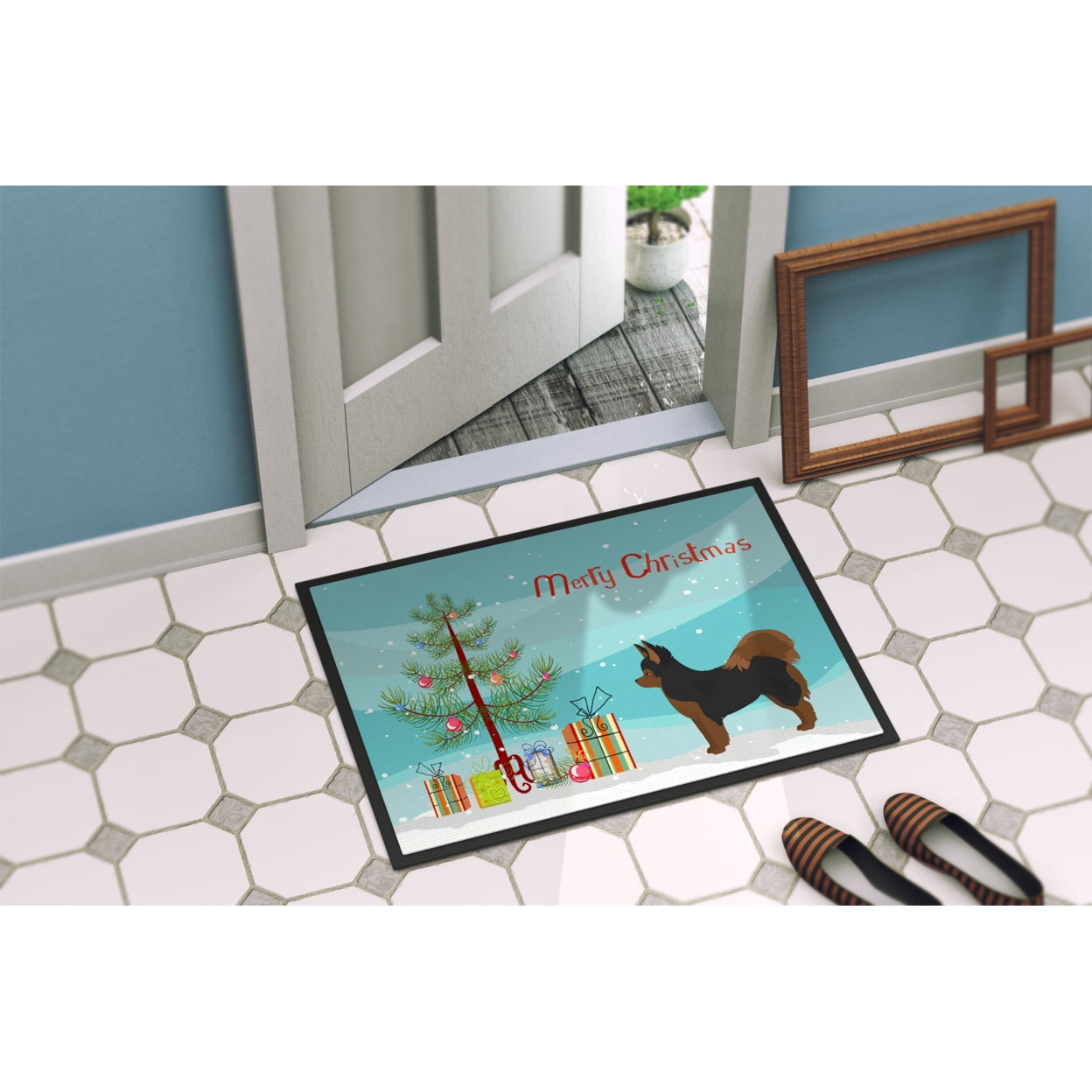 Black and Tan Pomchi Christmas Tree Door Mat