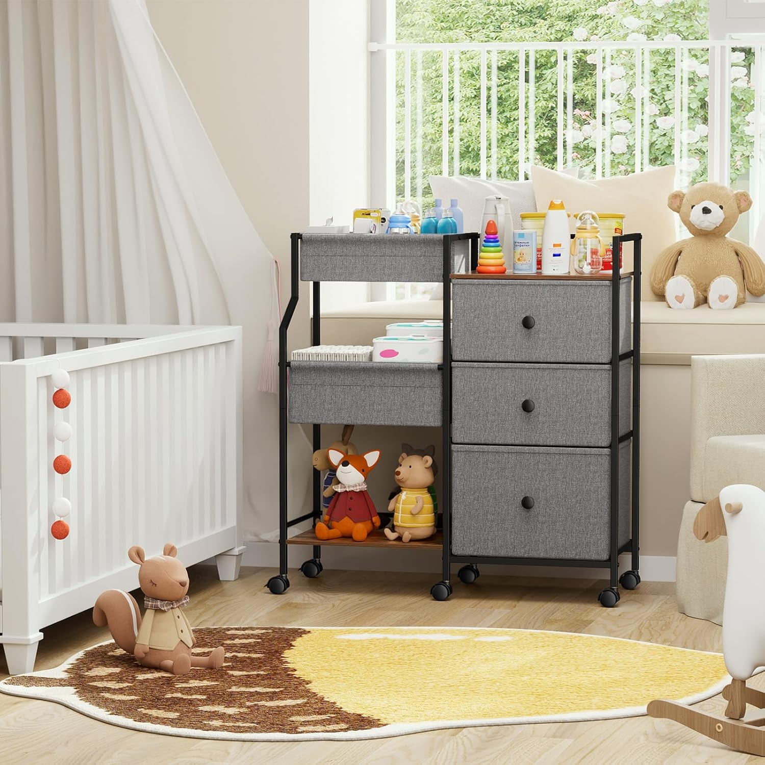 3 Tier Diaper Organizer & Storage Cart for Nursery, Bedroom, Changing Table with Dividers & Drawers