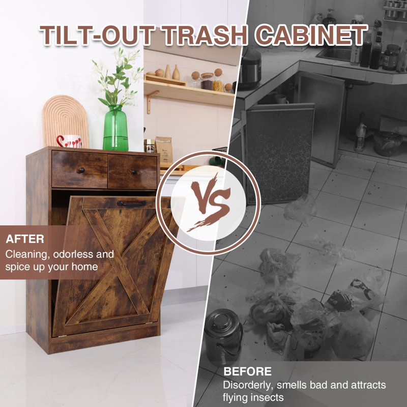 Tilt Out Trash Cabinet Free Standing with Drawer Trash Bin Storage Cabinet