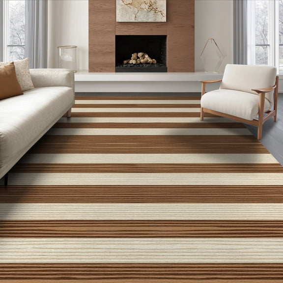 ODIKA 8'x10' Washable Area Rug Cow Bold Striped Bands Abstract Motif Inspired Beige Spotted Refined Structured for Living Room, Under Sectional, Family , Durable, Non-Slip