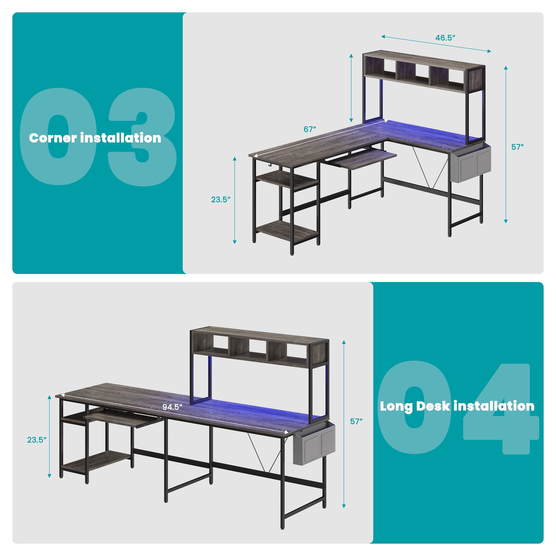 EDX 67'' L Shaped Computer Desk with LED Light, Shelf & Storage Bag & Keyboard Tray Corner Desk, Gray