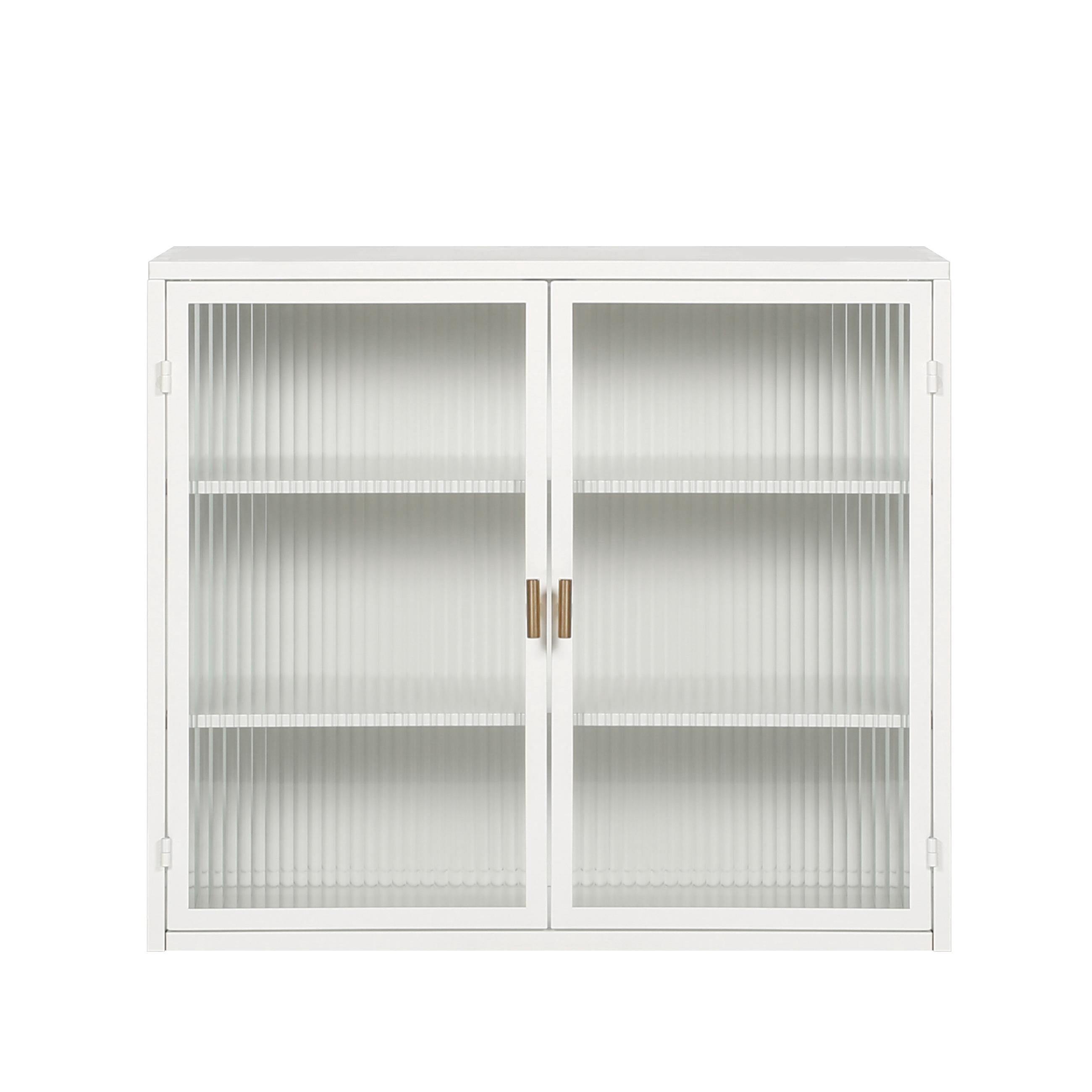 Bathroom Medicine Cabinet,Modern Glass Doors Two-door Wall Cabinet with Three-tier Storage for Bathroom,Kitchen,White