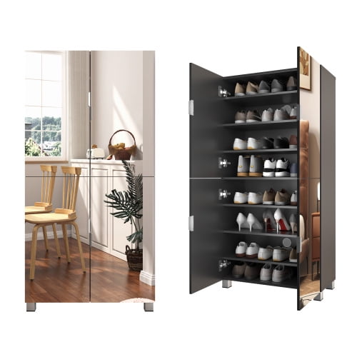 MIDOQIN  Shoe Storage Cabinet with 4 Mirror Doors, Freestanding Shoe Storage Organizer with Adjustable Shelves & Ventilation Holes, Holds 24-32 Pairs Wood Shoe Rack Cabinet for Hallway, Apartment