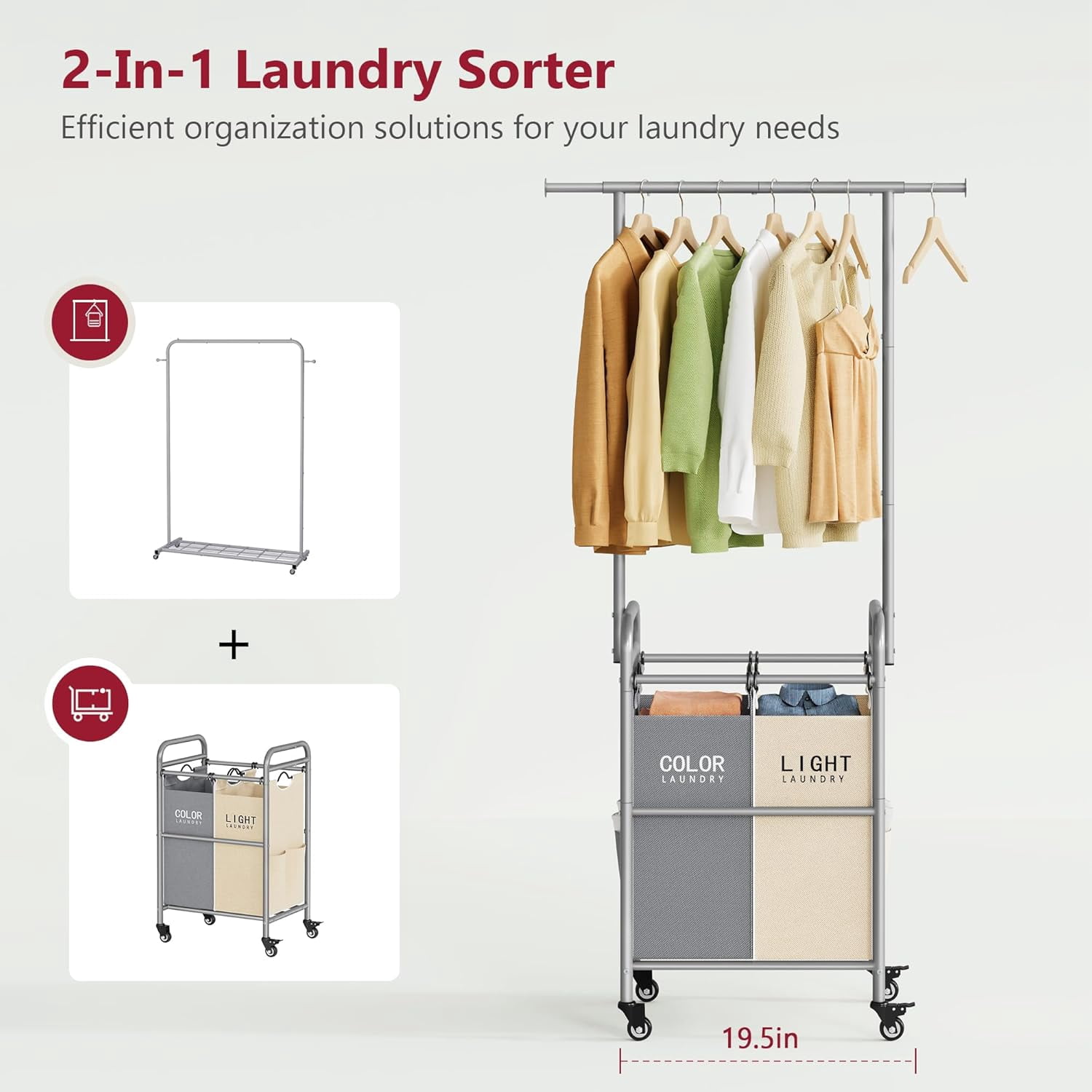 Laundry Sorter with Hanging Rack, 2 Section Rolling Laundry Hamper with Lockable Wheels and Removable Bag