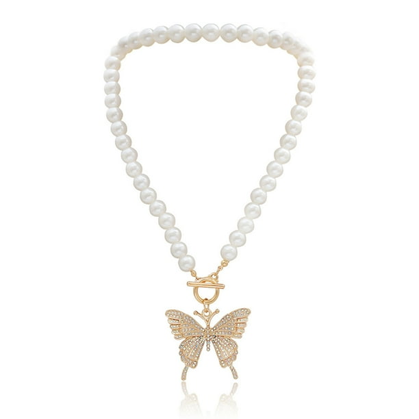 Vakind Vakind Vintage Rhinestone Butterfly Necklace Women Pendant Pearl Choker Jewelry Walmart Com Walmart Com