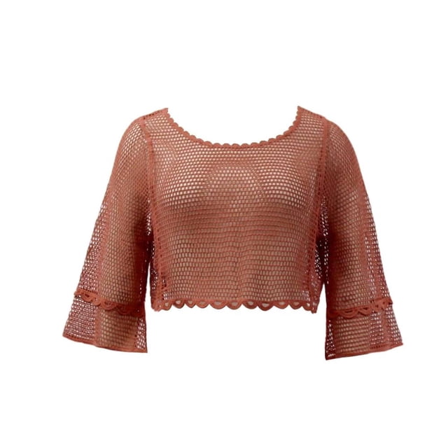 Ropa Playa Ocean Pacific para Mujer Blusa Corta Crochet Manga Larga Acampanada Rojo Talla EG