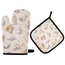 Yayeee Oven Mitts and Pot Holder Set of 4 Heat Resistant Kitchen Gloves Baking Hot Pad, Colorful Watercolor Seashells