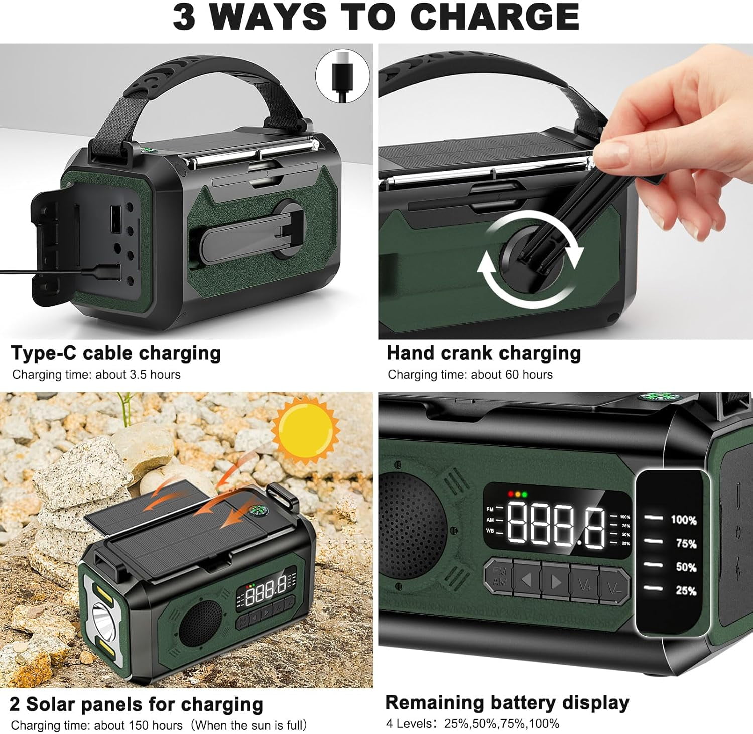 12000mAh Emergency Radio, AM/FM/NOAA Weather Alert Radio, Portable Hand Crank Radio Solar/Type-C Charging Outdoor Radio with Torch & LED Reading Lamp, SOS Alarm, Compass, Power Bank (Army Green)