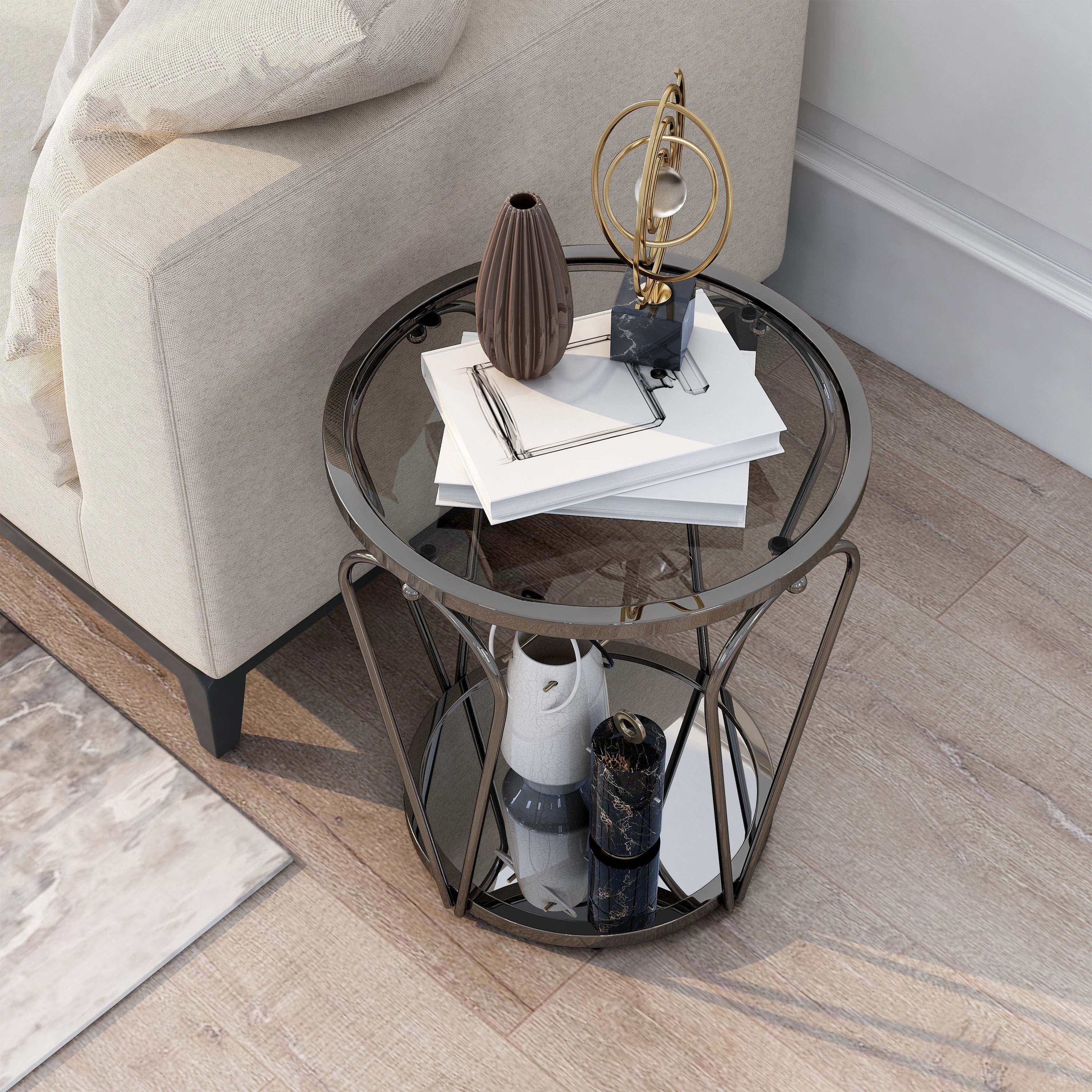 Furniture of America Ollis 1-Shelf Glass Top and Metal Black Nickel End Table