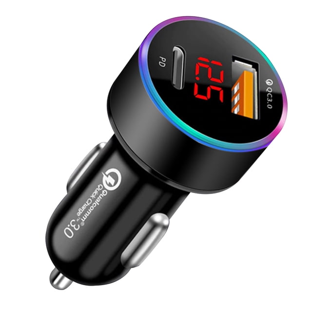 Graflsoa Dual-Port Fast Car Charger with QC3.0 & PD, LED Display, Compact Design, Alloy Build, 12-24V Input, Black (Cable Not Included)