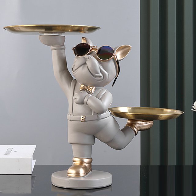 Estatua De Bandeja De Escritorio Estatua de resina para perro, 2 bandejas de metal, adorno de perro Bulldog fresco para regalo (gris)