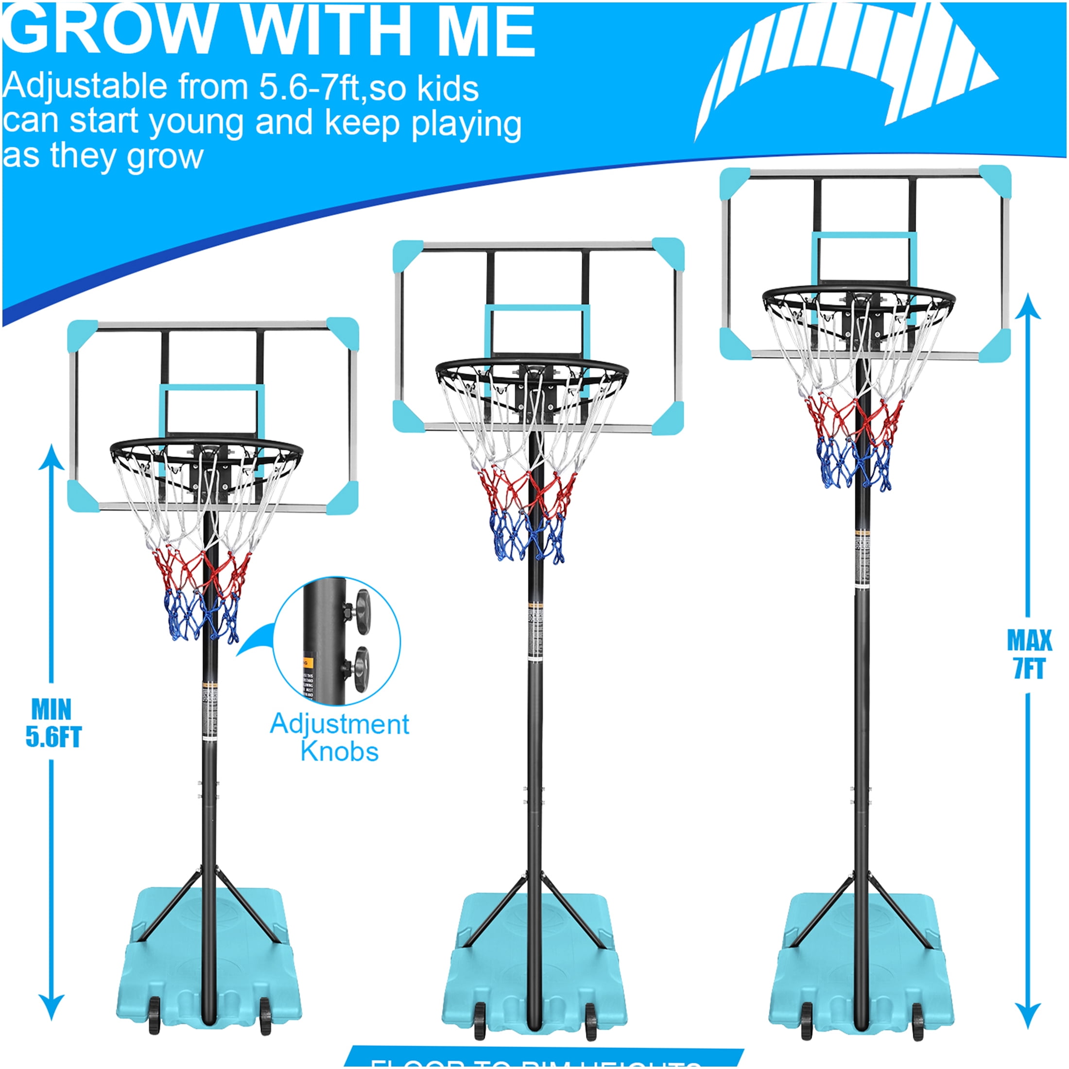 JERFIT 5.6ft-7ft Height Adjustable Portable Basketball Hoop with Wheels, 28" Backboard, Indoor Outdoor Use for Kids Youth Teenagers, Blue