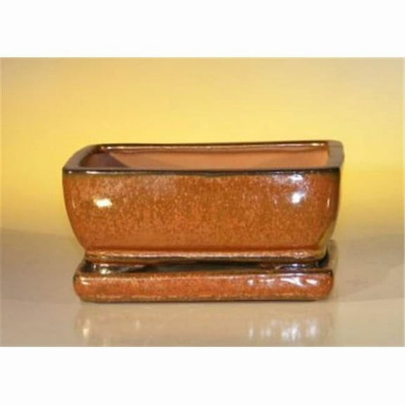 Bonsai Boy L215 6.37 x 4.75 x 2.625 in. Ceramic Bonsai Pot with Attached Humidity & Drip Tray, Aztec Orange - Rectangle