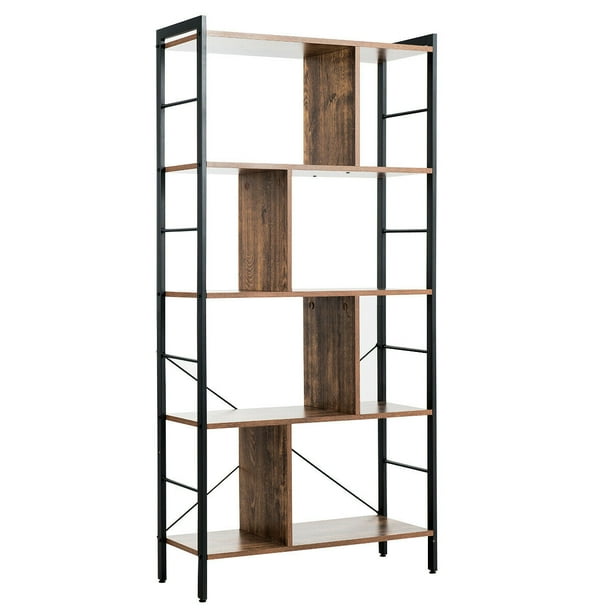 Costway Librería con 5 repisas, estante librería en estilo industrial de metal, estante con mucho espacio, estante con separadores, estante multifuncional para casa, oficina, marrón rústico