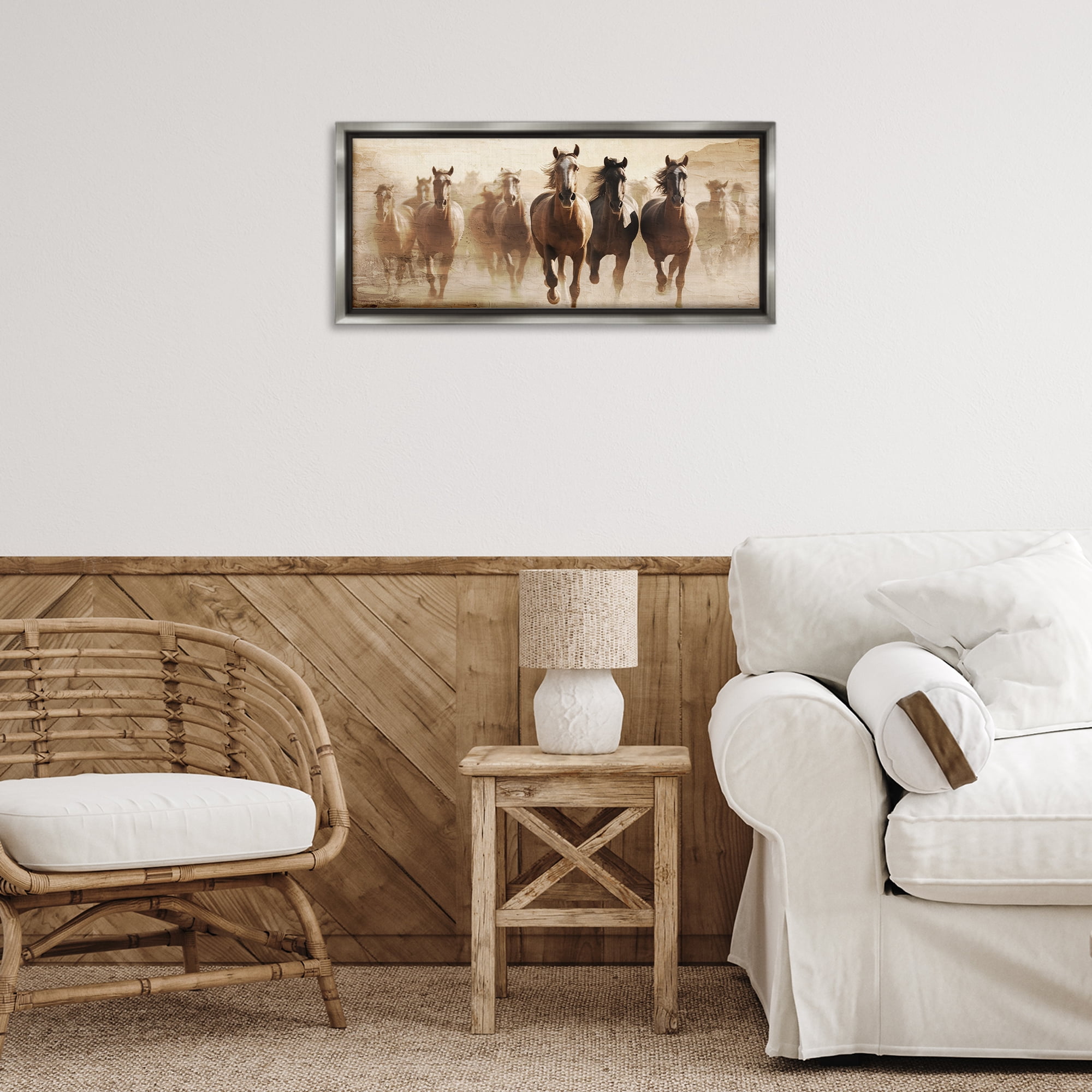 Stupell Industries Rustic Layered Gallop Animals Painting Gray Floater Framed Canvas Art Print Wall Art, 25 x 11