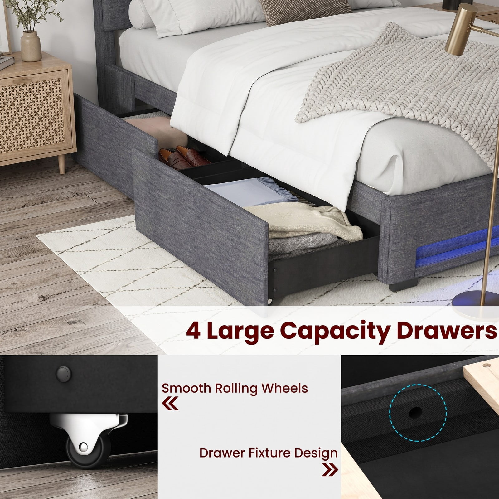 Furnibear Queen Bed Frame Upholstered Platform Bed with LED Lights and Charging Station and 4 Drawers for Bedroom, Gray