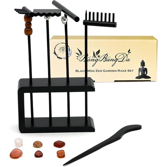 Mini Zen Garden Rake Set - 12 Piece Black Bamboo Sand Rakes with Storage Stand & 6 Crystals - Desktop Meditation Tools for Adults, Stress Relief Zen Gift