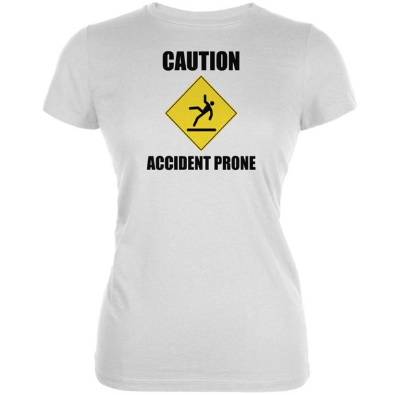 Caution Accident Prone White Juniors Soft T-Shirt - Medium