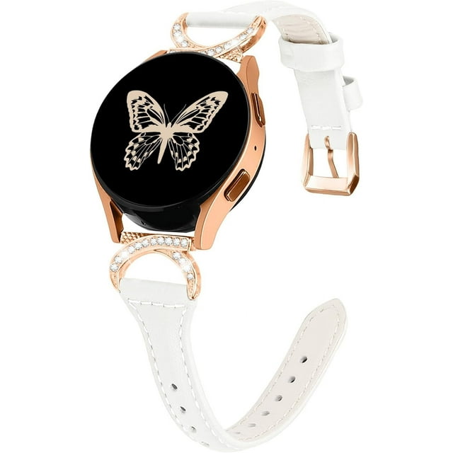 KOMI Bracelet en Cuir Véritable avec Étui Compatible avec Samsung Galaxy Watch 4 & 5 & 6 40mm 44mm avec Protecteur d'Écran à Paillettes, Bracelet en Cuir Métal 20mm pour Femmes Or Rose/blanc