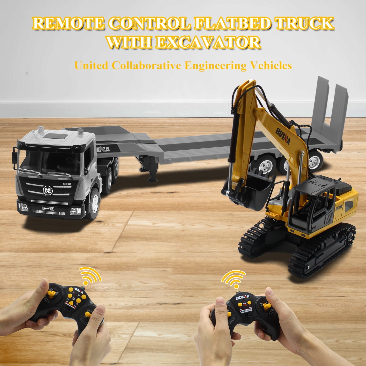 Remote Control Trailer Truck with RC Excavator Playset, RC Trailer Engineering Car with Light and Sound