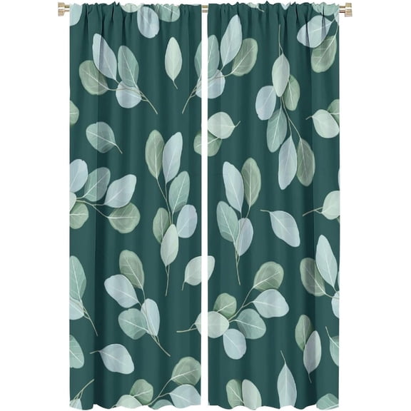 Eucalyptus Curtains Nature Botanical Blackish Green Leaves Pattern Blackout Print Rod Pocket Window Drapes for Bedroom Living Room 52x84in