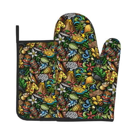 

Tebeau Hawaiian Culture Symbols Print Oven Mitts and Pan Racks 2-Piece Set Kitchen Oven Mitts and Pan Racks Heat Resistant 500 °F for Baking and Cooking