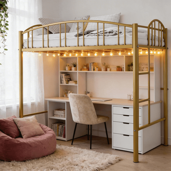 Twin Size Metal Loft Bed with Safety Guardrail - Heavy Duty Space Saving Design, 400lb Capacity, No Box Spring Needed, for Adults