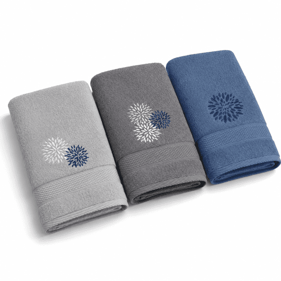 Blue Gray Dahlia Flower 3-Pack 14''x29'' Pure Cotton Hand Towels