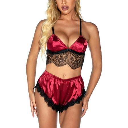 Women s Sexy Lingerie Satin Pajama Bra Cami Set Silky Lace Nightwear Short Sleepwear