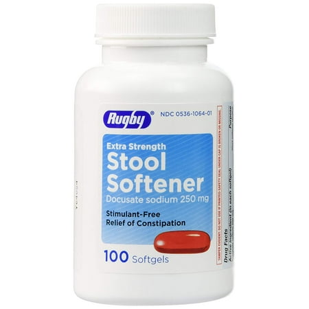 Rugby Docusate Sodium Stool Softener Softgels, Extra Strength, 250 mg. Bottle of 100