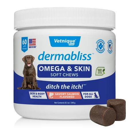 UPC: 0810082380361 | Vetnique Labs Dermabliss Omega & Skin Health Chews for Dogs with Omega 3-6-9 – Ditch the Itch – 60ct Hickory Salmon Flavored Soft Chews