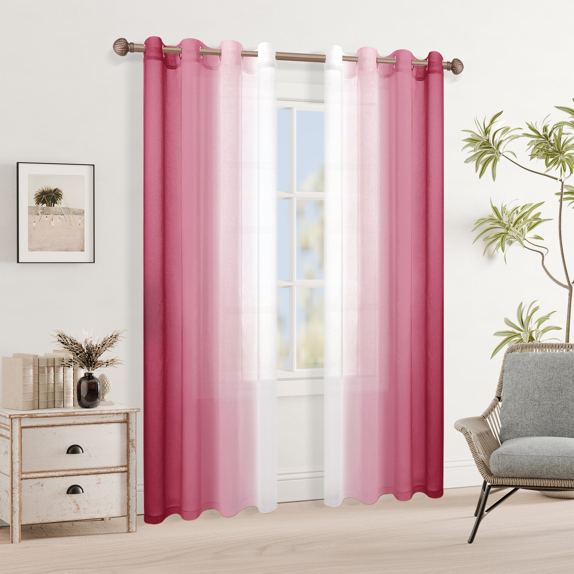 XWZO Ombre Sheer Curtains 2 Panels, Faux Linen Semi Voile Gradient Grommet Curtains for Bedroom, Modern Living Room Window Curtain Panels, 52 x 84 Inch, Burgundy