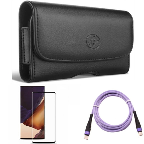 Case Belt Clip & Screen Protector & Purple 10ft PD Cable for Samsung Galaxy Note 20 Ultra (6.9") - Combo with Leather Swivel & Tempered Glass (Fingerprint Unlock) & Type-C to USB-C Fast Charger Cord