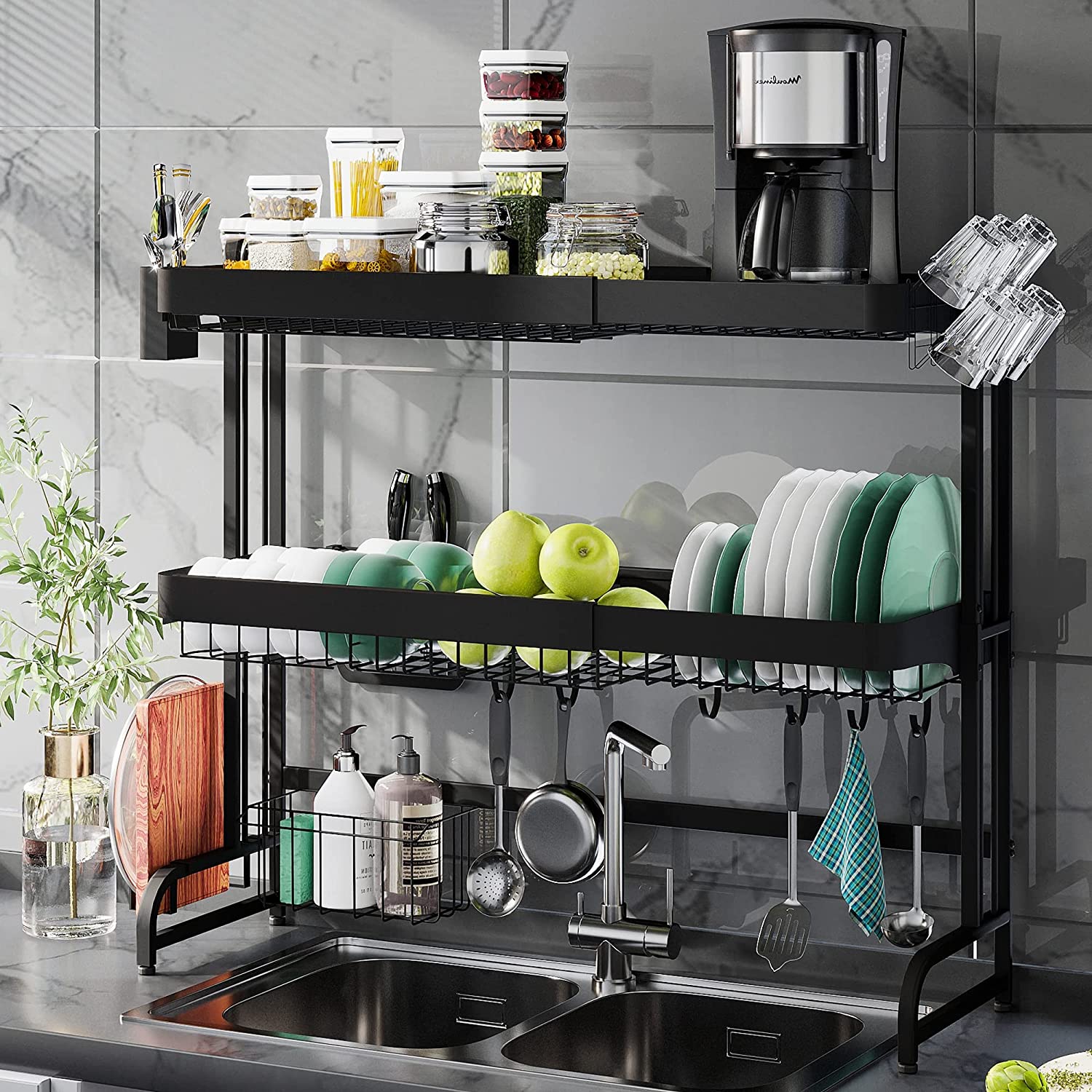 Wercome Over The Sink Dish Drying Rack 3 Tier Large Kitchen Sink Shlef Dish Rack Over The Counter Metal Dish Drying Rack Adjustable (28.34-31.49)