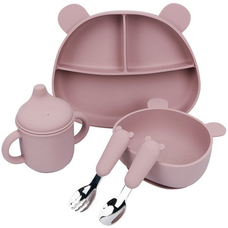 

5Pcs Baby Feeding Set with Bowl/Plate/Cup/Spoon/Folk Food-Grade Silicone Baby Toddler Tableware Set Non-Slip Self-Feeding Baby Cutlery Set with Suction for Home Baby Toddler