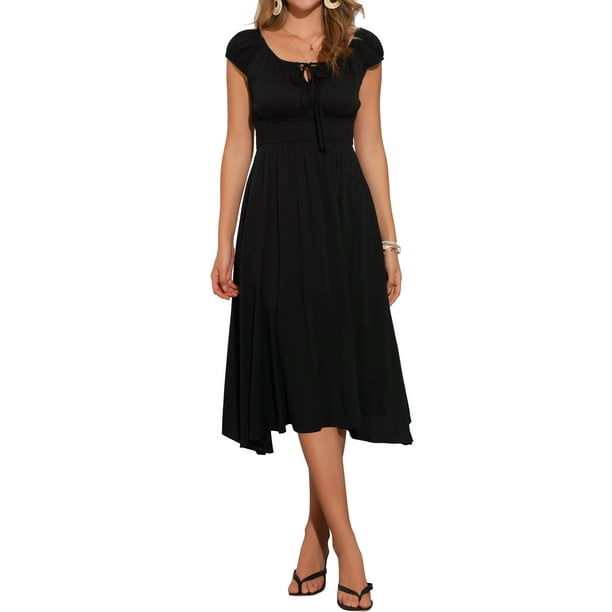 Vestido midi casual negro con escote redondo, mangas cortas y fruncido de Inspire Chic para mujer