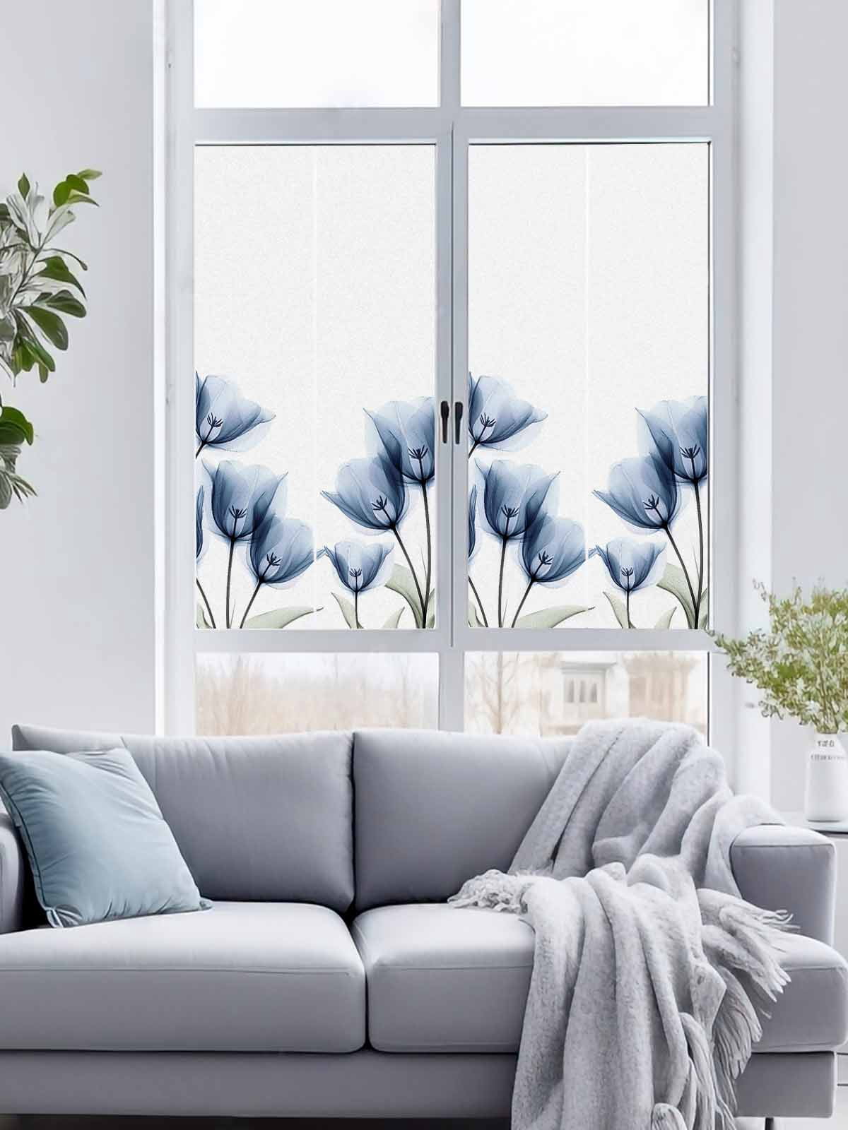 Sun Blocking Glass Window Film, Blue Tulips Floral Window Privacy Film Frosted, Spring Farmhouse Elegant Flowers Reusable Windows Privacy Sticker for Home Decor, Nursery, 23.6 x 78.7 Inches
