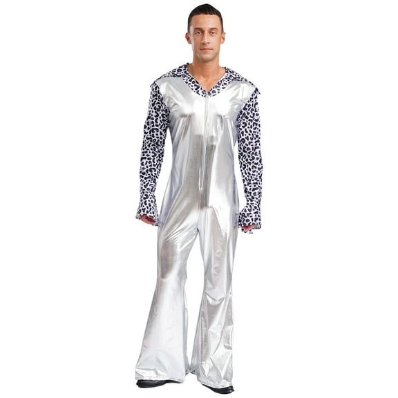 Kaerm Men's 70s Hippie Jumpsuit Lapel V Neck Flare Sleeve with Bottom Pants for Rock Jazz Music Party Silver M