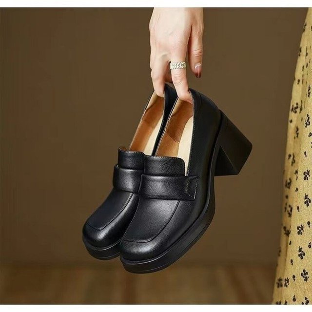 2023 otoño nueva plataforma zapatos de mujer Vintage punta cuadrada bombas de cuero de imitación Casual grueso tacón alto calzado femenino Rubber36 Gao Jinjia LED