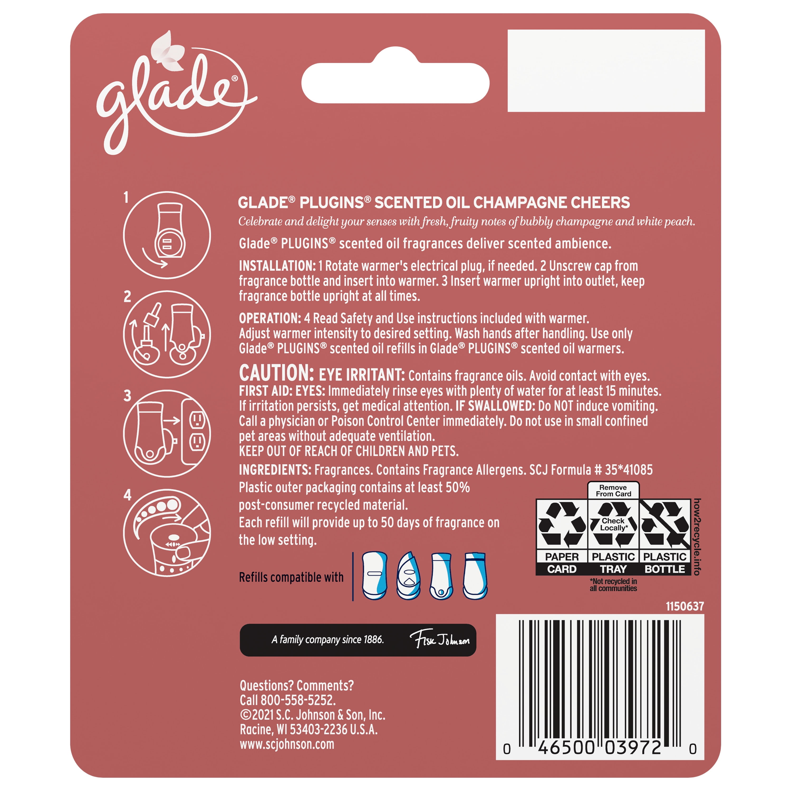 Glade PlugIns Refills Air Freshener, Scented and Essential Oils for Home and Bathroom, Champagne Cheers, 1.34 Oz, 2 Count
