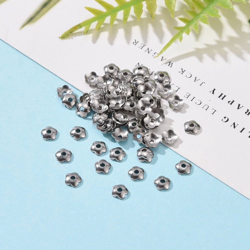 Tarnish Resistant 5-Petal 316 Surgical Stainless Steel Bead Caps Stainless Steel color 4x1mm Hole: 1mm